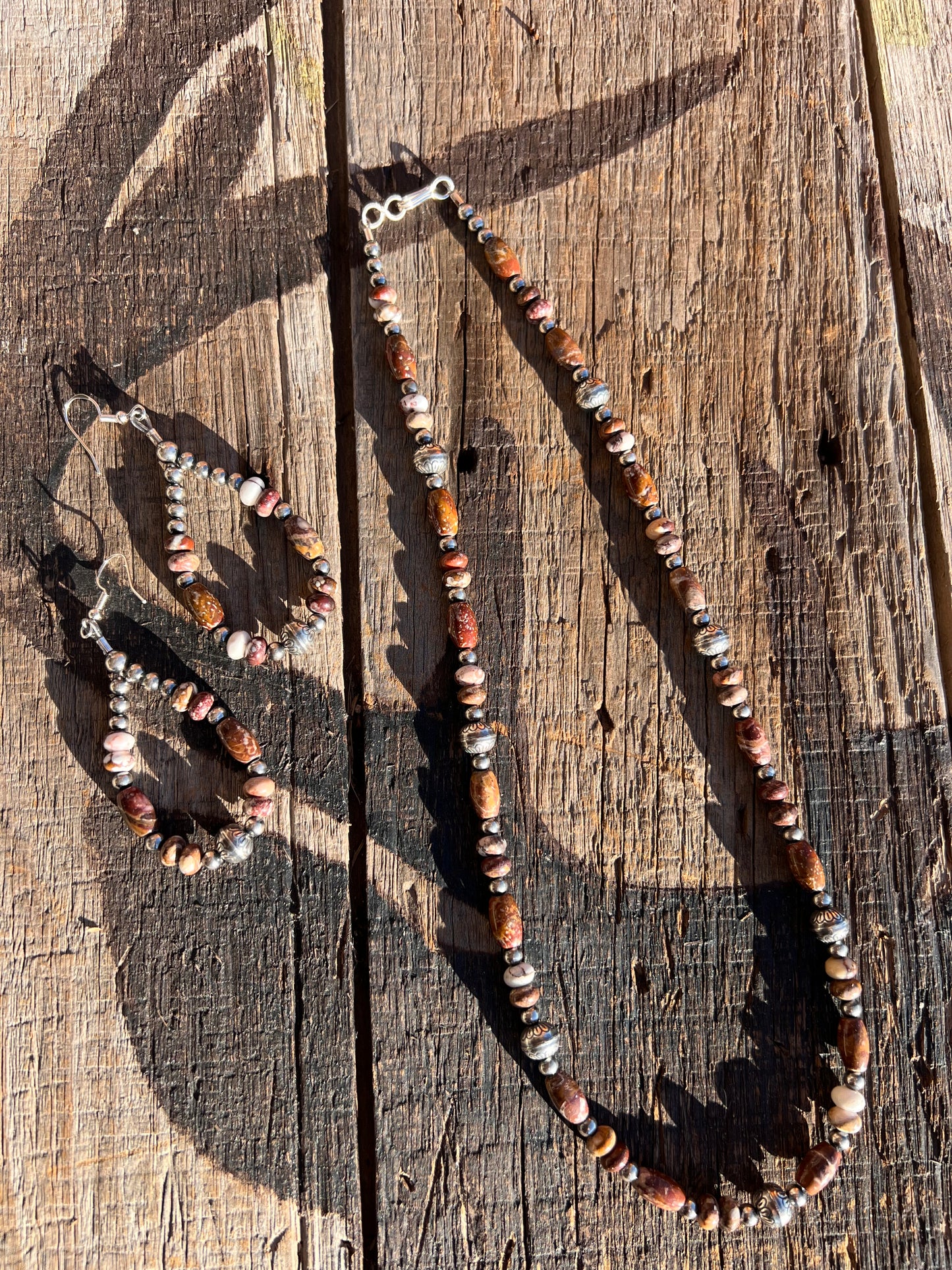 Rare Wild Horse & Sterling Silver Bead Necklace 20.5” & Earrings 3”