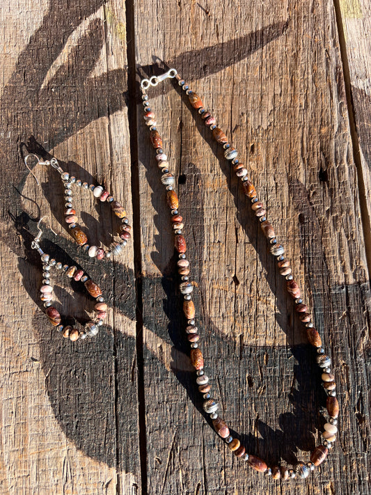 Rare Wild Horse & Sterling Silver Bead Necklace 20.5” & Earrings 3”