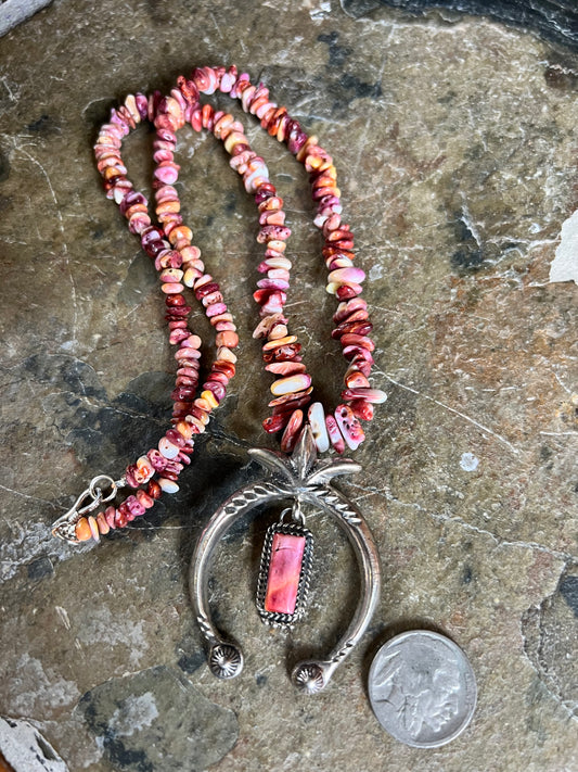 Vintage Navajo Handmade by Mary Cayatineto, Sunset Spiny Oyster & Cast Sterling Naja Pendant on a Spiny Chip Necklace 18”