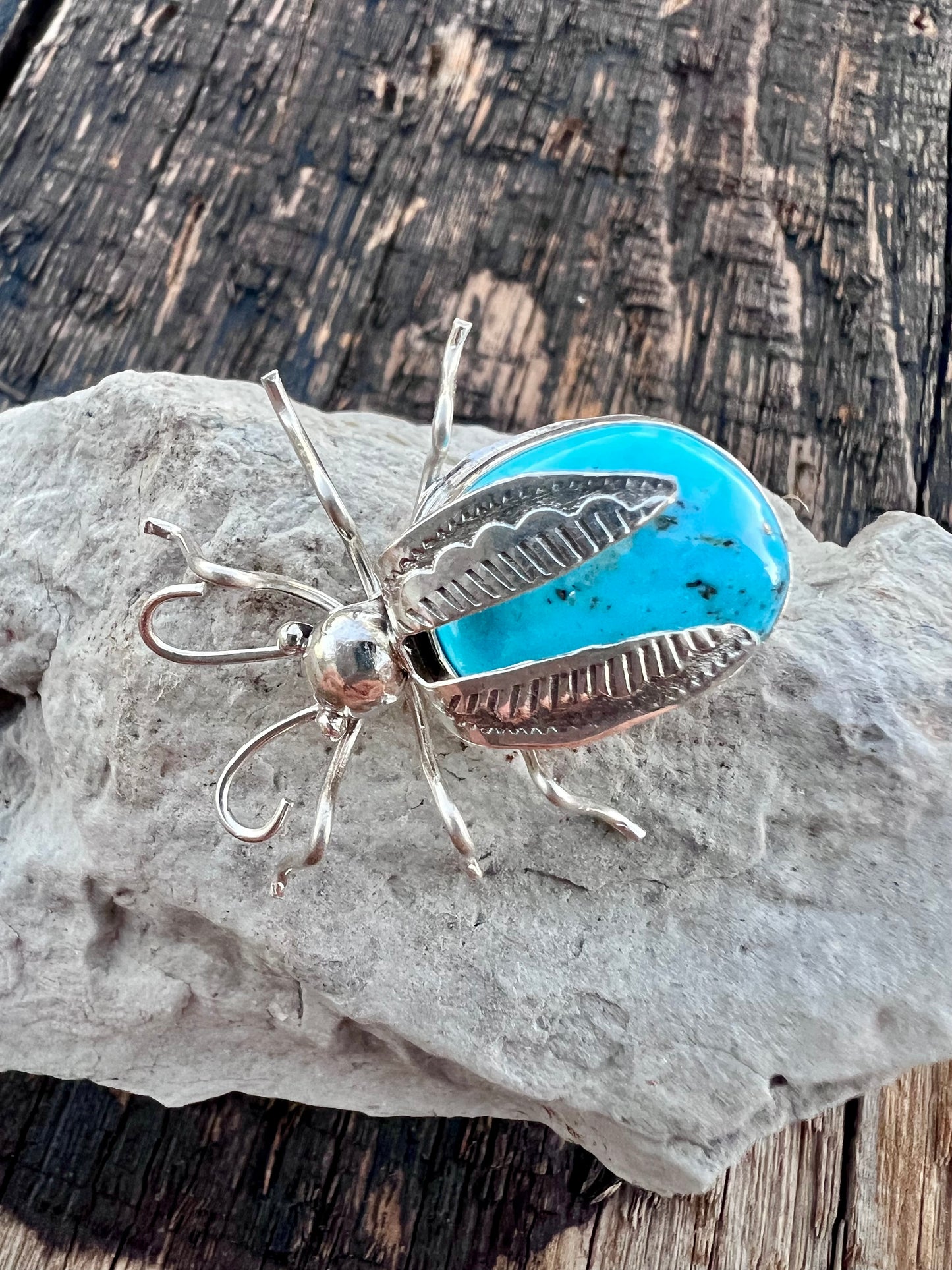 Native American Handmade Sterling & Campitos Turquoise Bug Pin 1.25x 1.5”