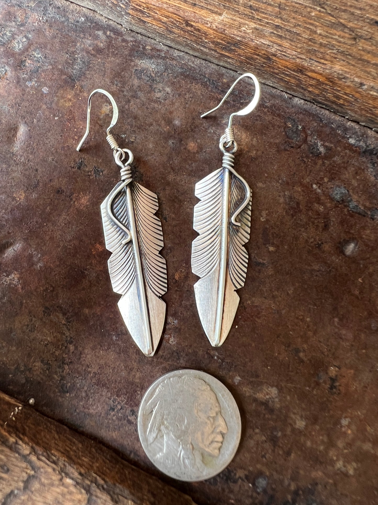 Navajo handmade by Chris Charley Sterling Silver Feather Dangle Earrings 2 3/8”