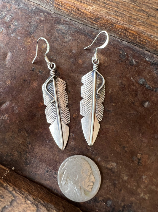 Navajo handmade by Chris Charley Sterling Silver Feather Dangle Earrings 2 3/8”