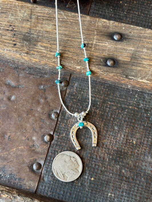 Sterling Silver & Campitos Turquoise Horse Shoe Necklace 16”