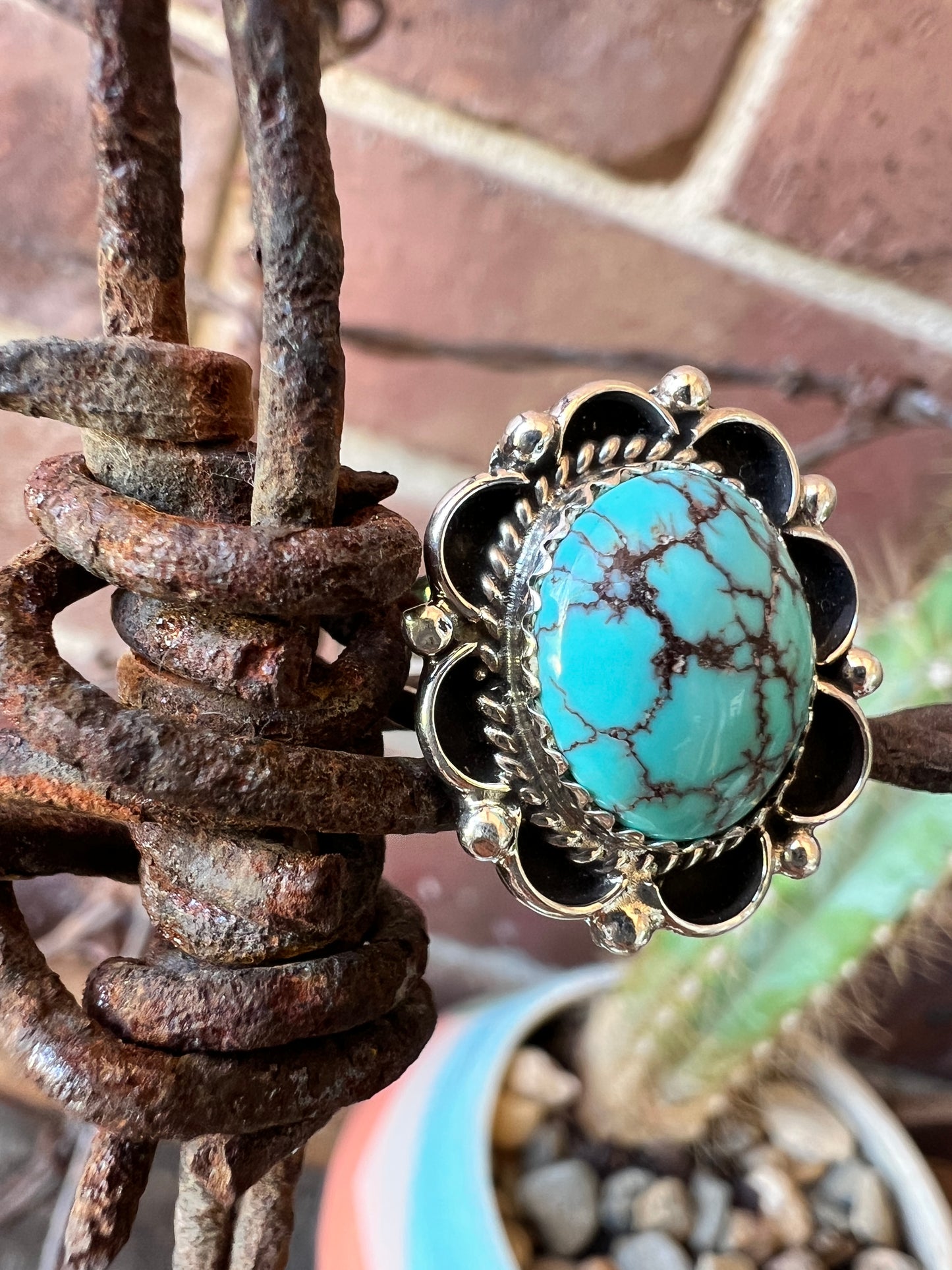 Prince Turquoise & Sterling Silver Ring- Navajo Handmade & signed “M” Size 7