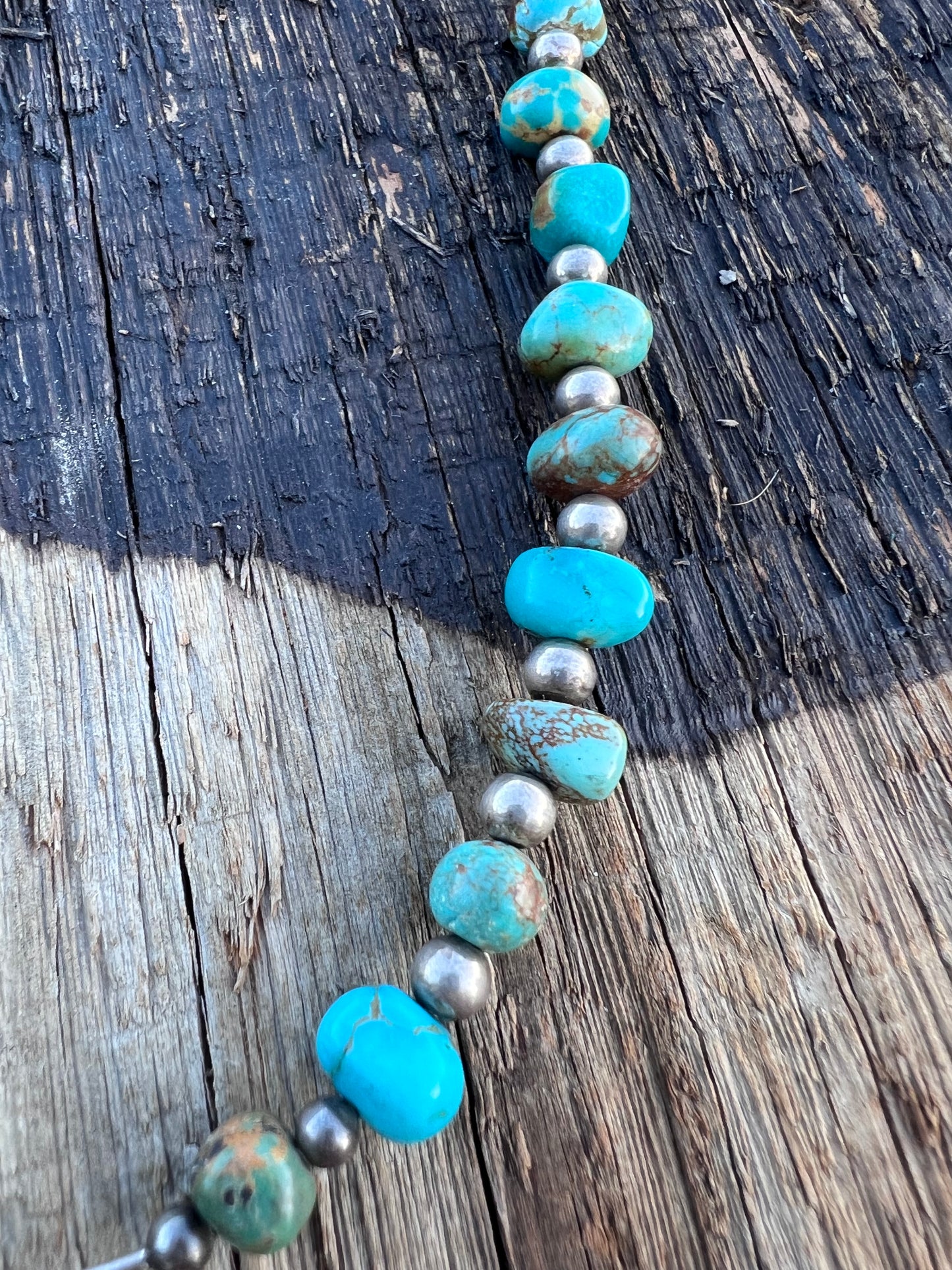 Vintage Turquoise Nugget(8mm), Sterling bead(5mm), Vintage Broach(11mm) Necklace 18”