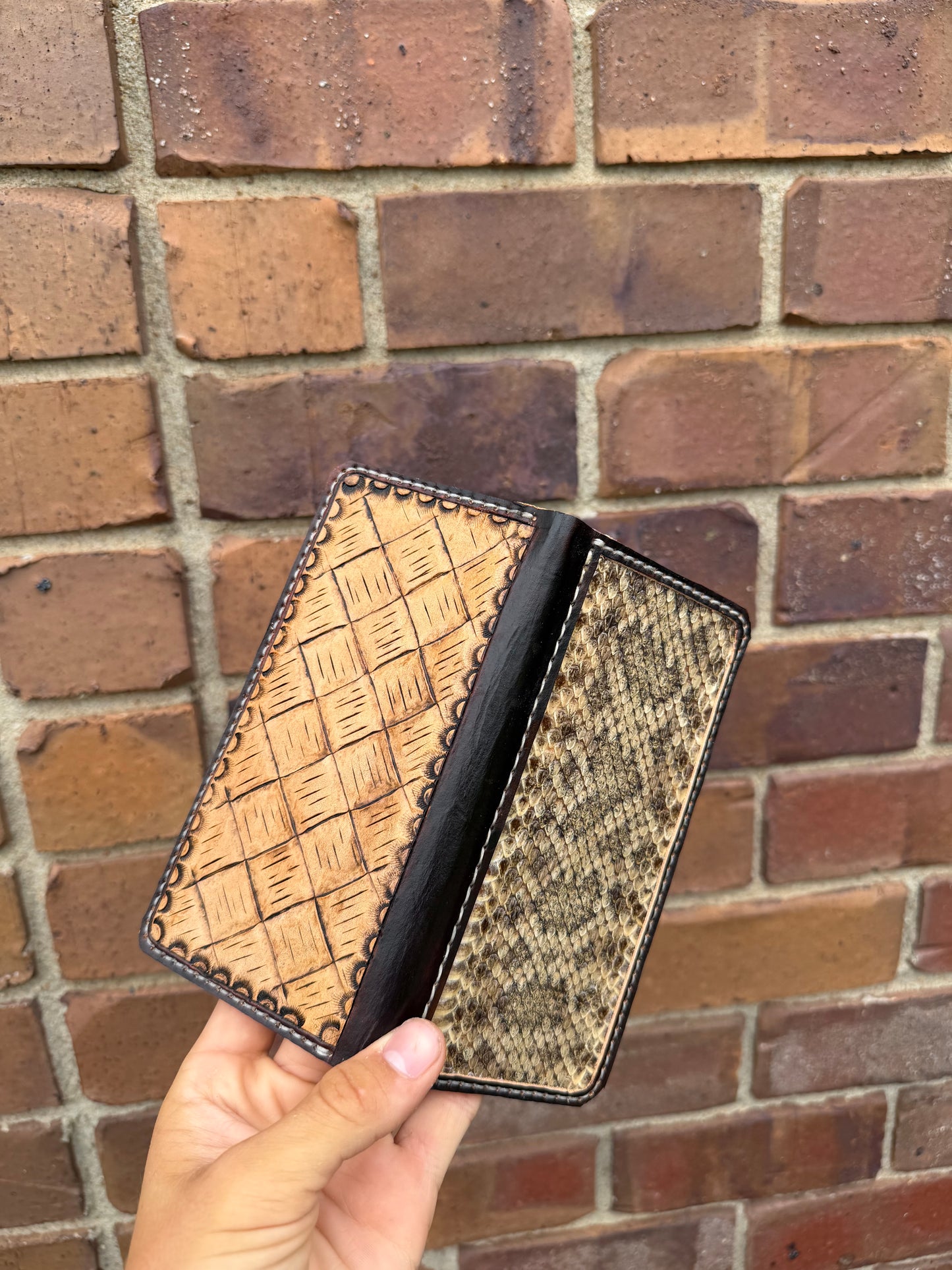 Diamondback Rattlesnake long wallet with basket weave tooling.