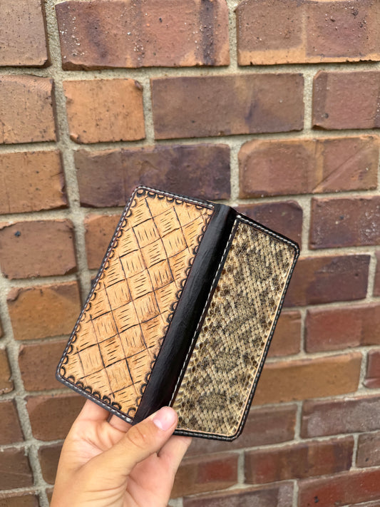 Diamondback Rattlesnake long wallet with basket weave tooling.