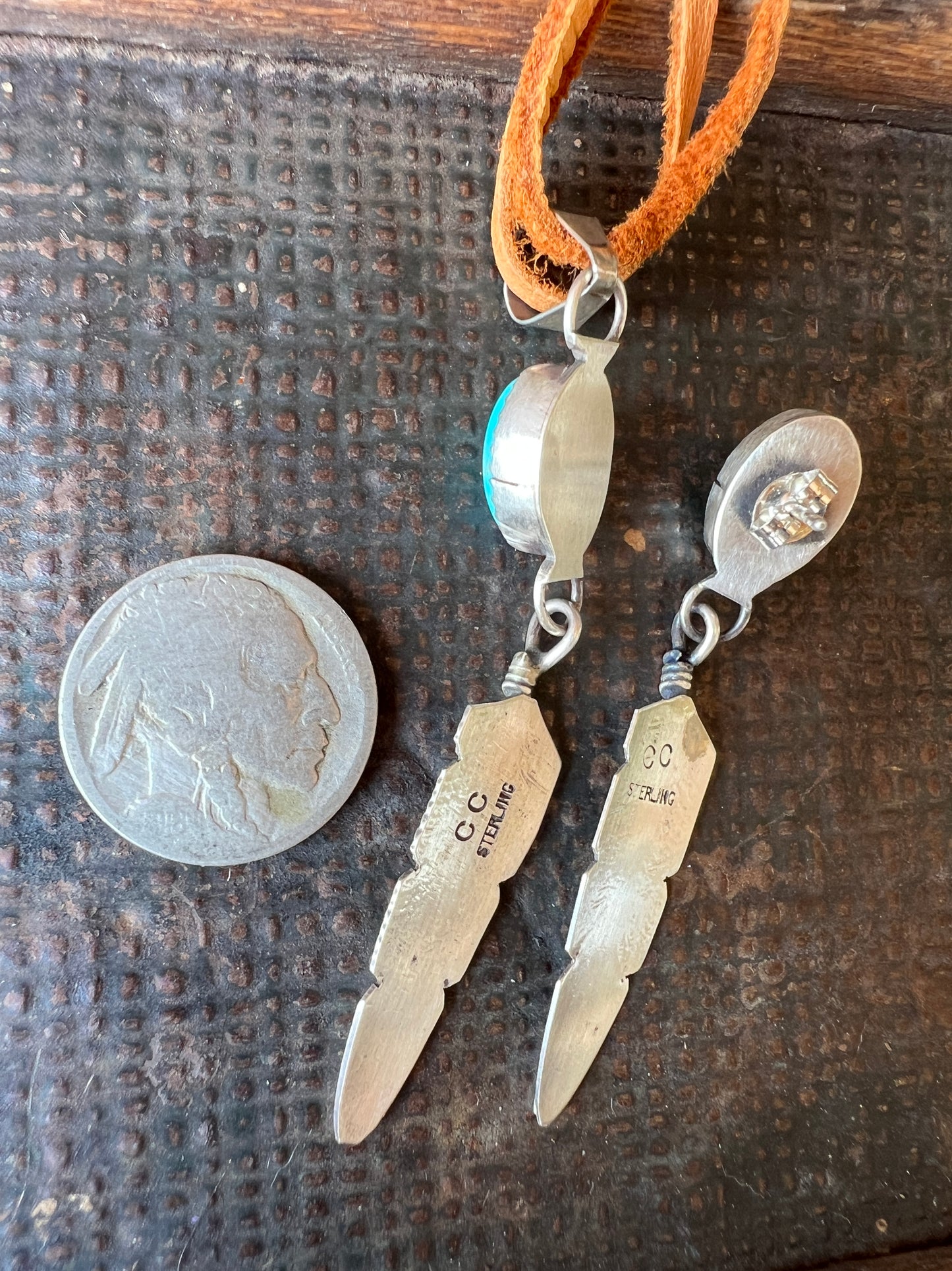 Navajo Handmade by Chris Charley Sterling Silver Feather with Sonoran Turquoise post dangle earrings& Pendant Deerskin Lace Necklace Set
