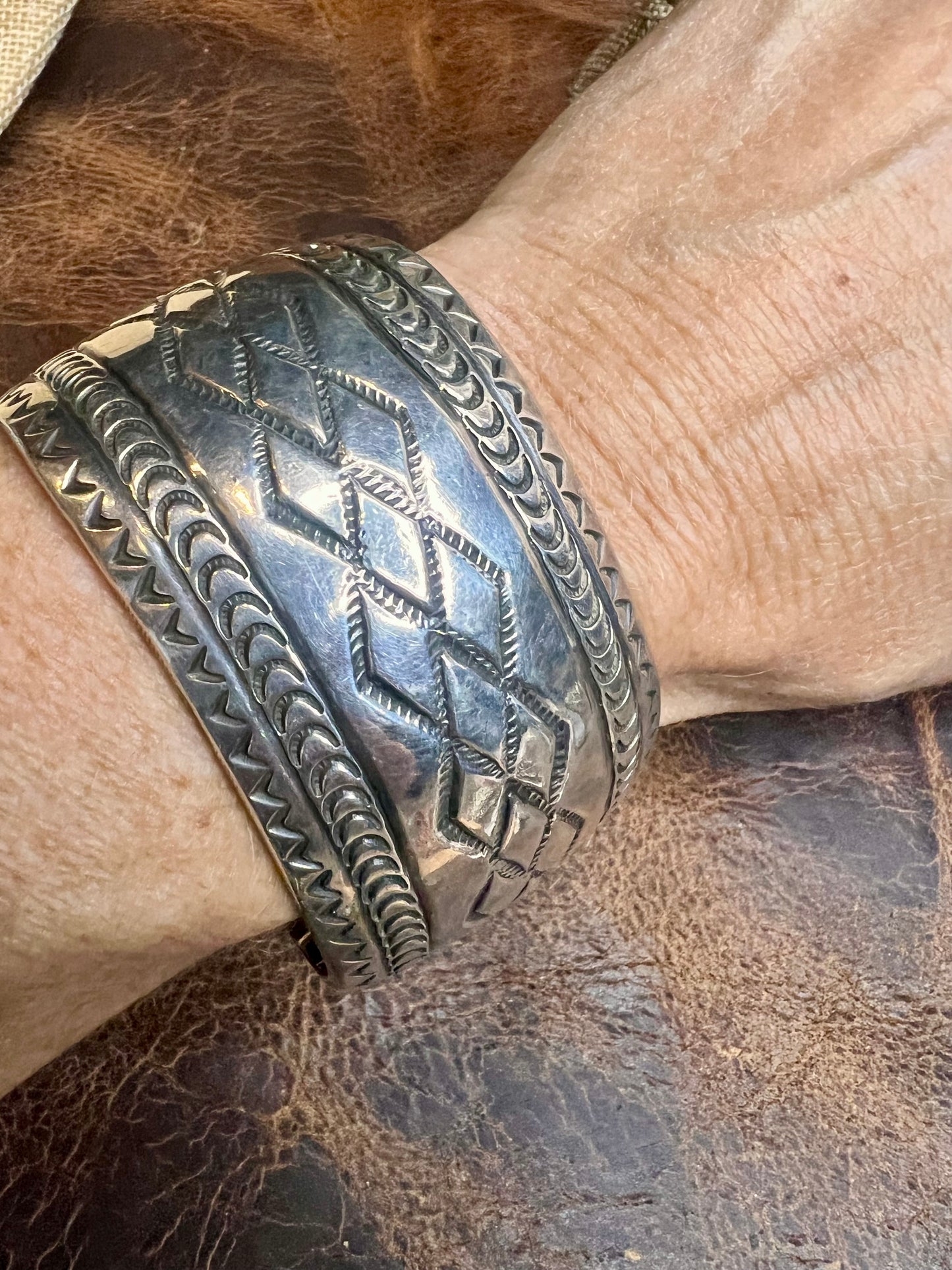 Vintage Heavy Navajo Handmade Sterling Silver Stamped Cuff Bracelet