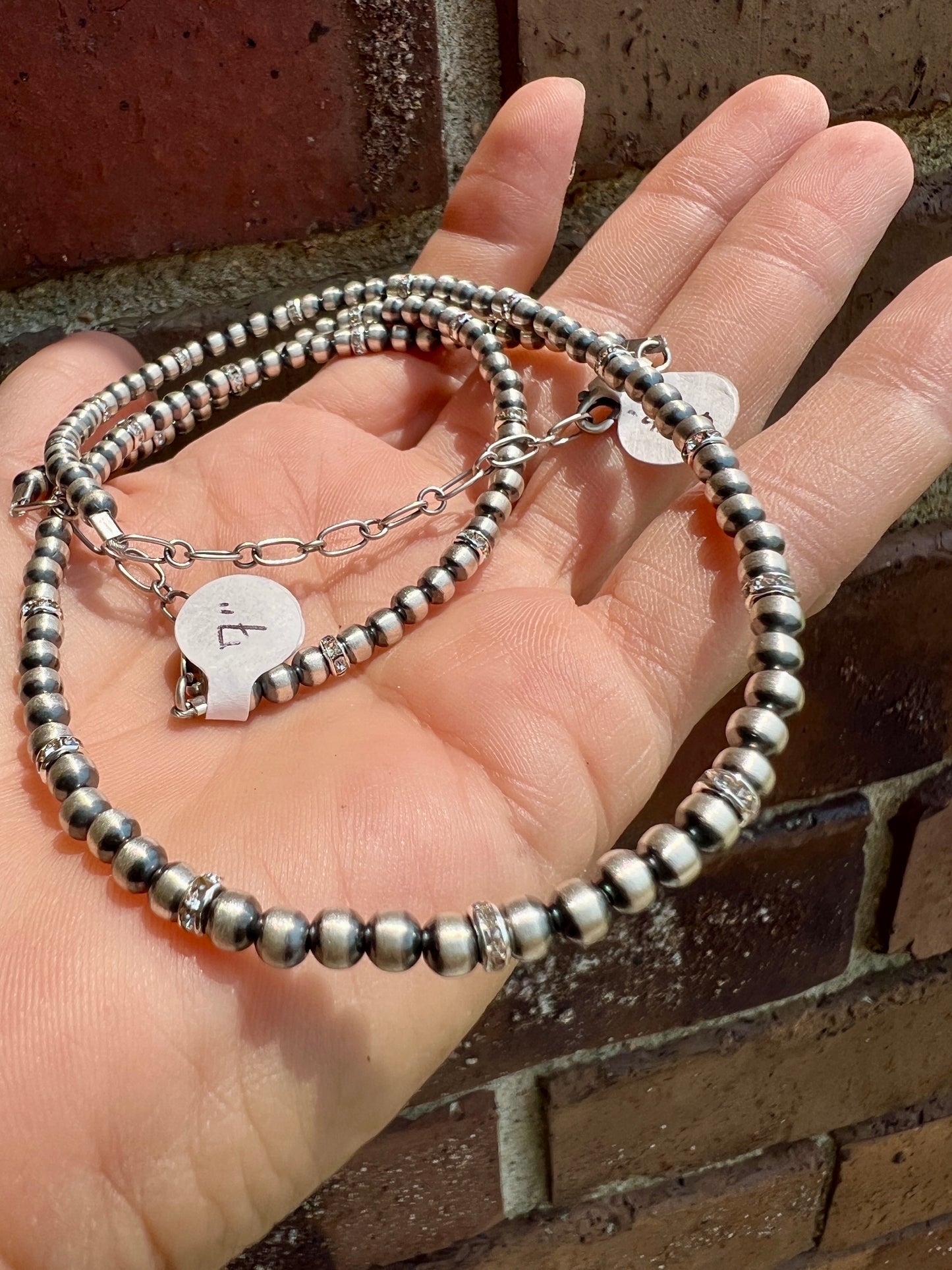 Southwest Machine-made Sterling Silver Bead/Crystal Necklace 16”-18” & Bracelet 7”-8” Set
