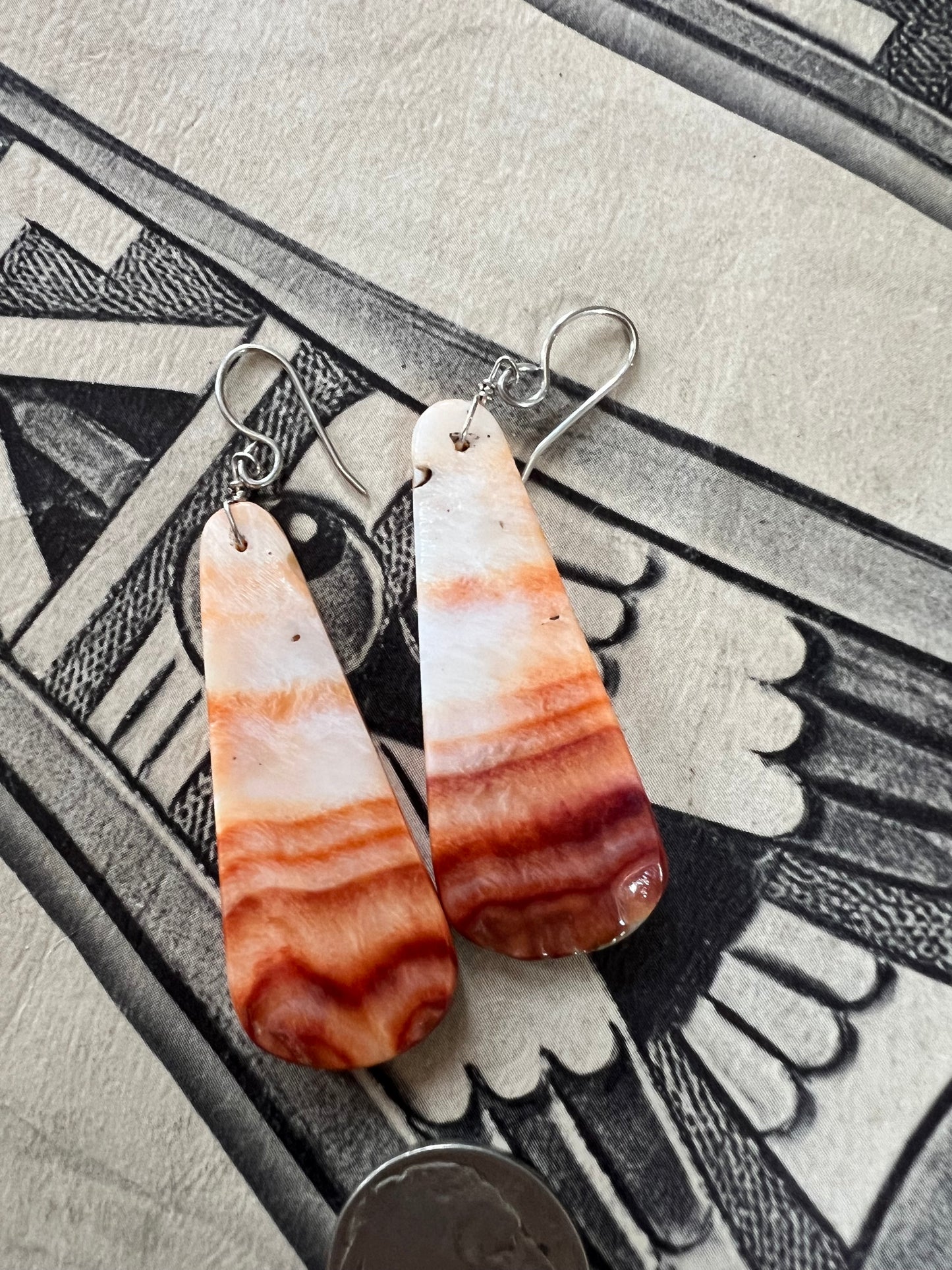 Navajo Handmade by Marcella Castillo- Orange Spiny & Turquoise Dangle Earrings 2.5” long