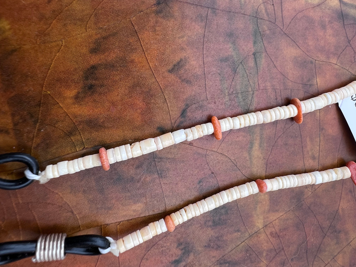 Native American Santo Domingo Handmade by Ramona Bird. Shell Heishi & Orange Spiney Eye-glass Holder 26”