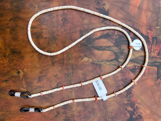 Native American Santo Domingo Handmade by Ramona Bird. Shell Heishi & Orange Spiney Eye-glass Holder 26”