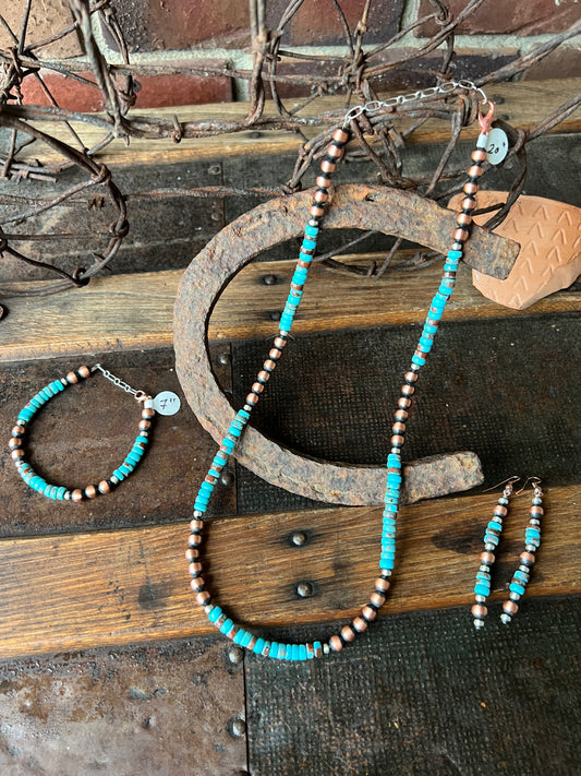 Copper & Prince Egyptian Turquoise Bead Necklace (20”), Bracelet (7”) & Earring (2”) Set