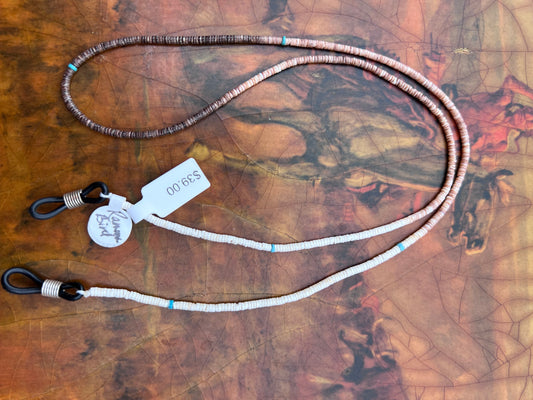 Native American Santo Domingo Handmade by Ramona Bird. Shell Heishi & Turquoise Eye-glass Holder 26”