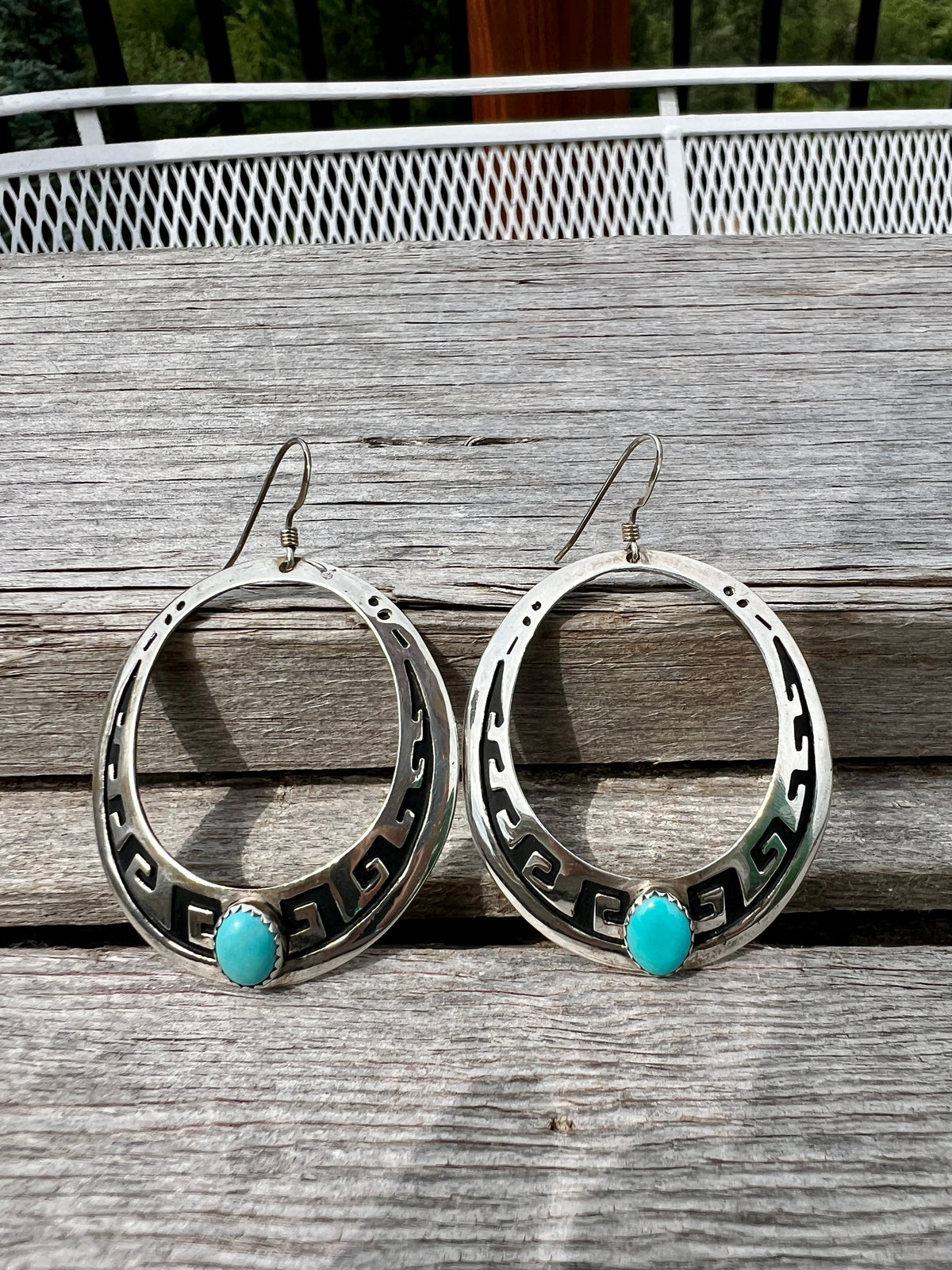 Vintage Navajo Handmade by TR Singer- Sterling & Turquoise Overlay Hoop Dangle Earrings 2”x1.4”