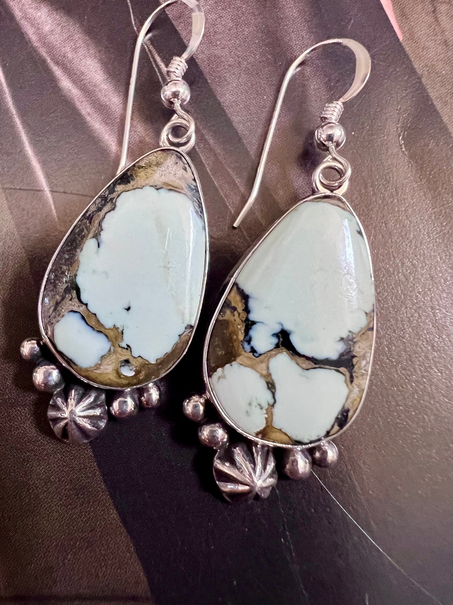 Navajo Handmade by D. Wylie, Sterling & New Lander Variscite Dangles 2”