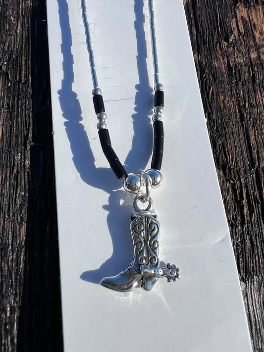 Liquid Sterling Silver & Black Jet Cowboy Boot(3/4”) Necklace 15.5” & Earrings 1 1/8”