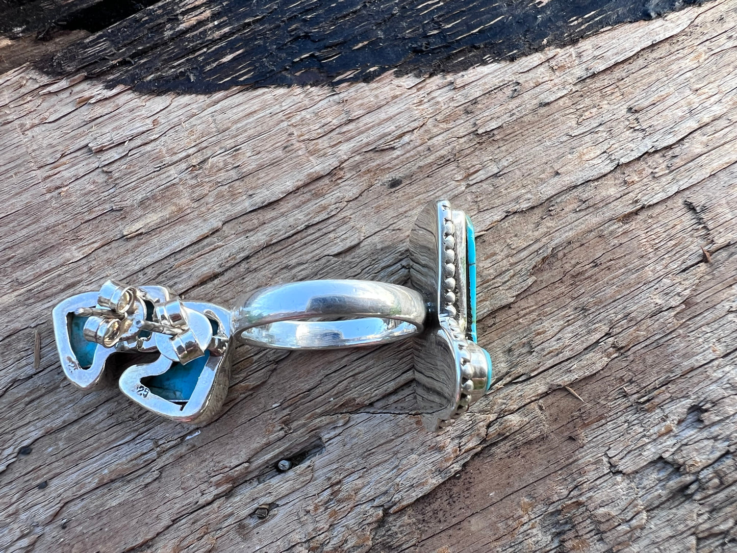 Southwest Sterling & Turquoise Cowboy Boot Post Earrings 1/2” & Ring 1” Sz 7 SET