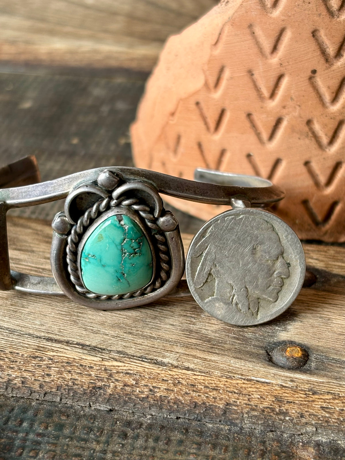Vintage Native Handmade Sterling & Royston Turquoise Cuff, Size 6 3/4”
