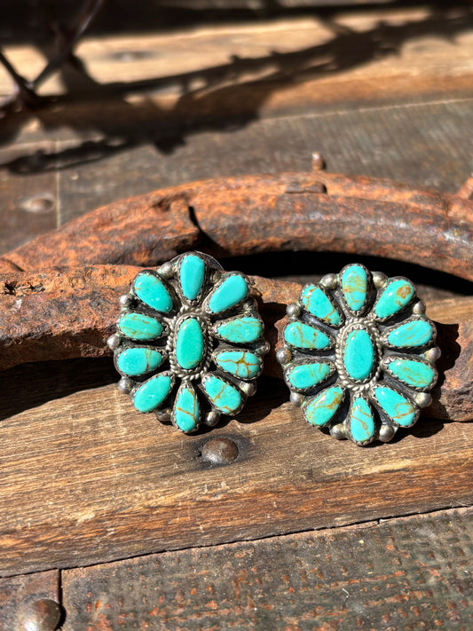 Vintage Native Handmade Sterling Silver & Kingman Turquoise Cluster Post Earrings