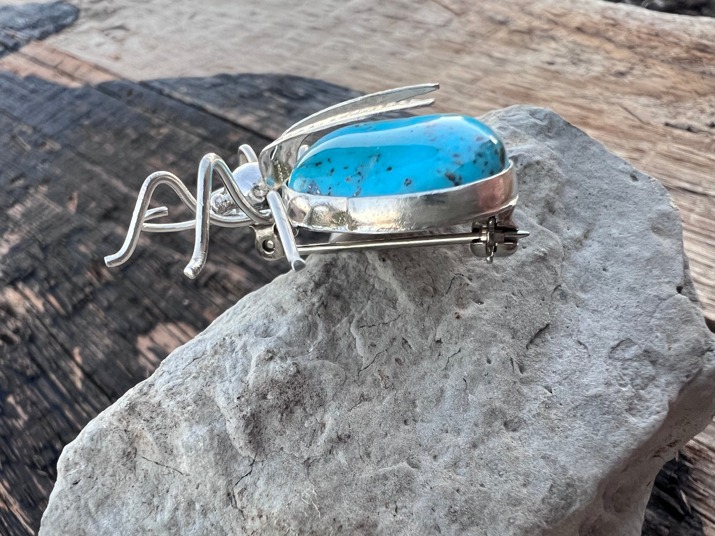 Native American Handmade Sterling & Campitos Turquoise Bug Pin 1.25x 1.5”