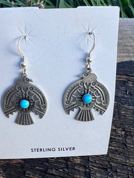 Native American Handmade Sterling Silver Stamped Thunderbird Dangle Earrings 1.75”