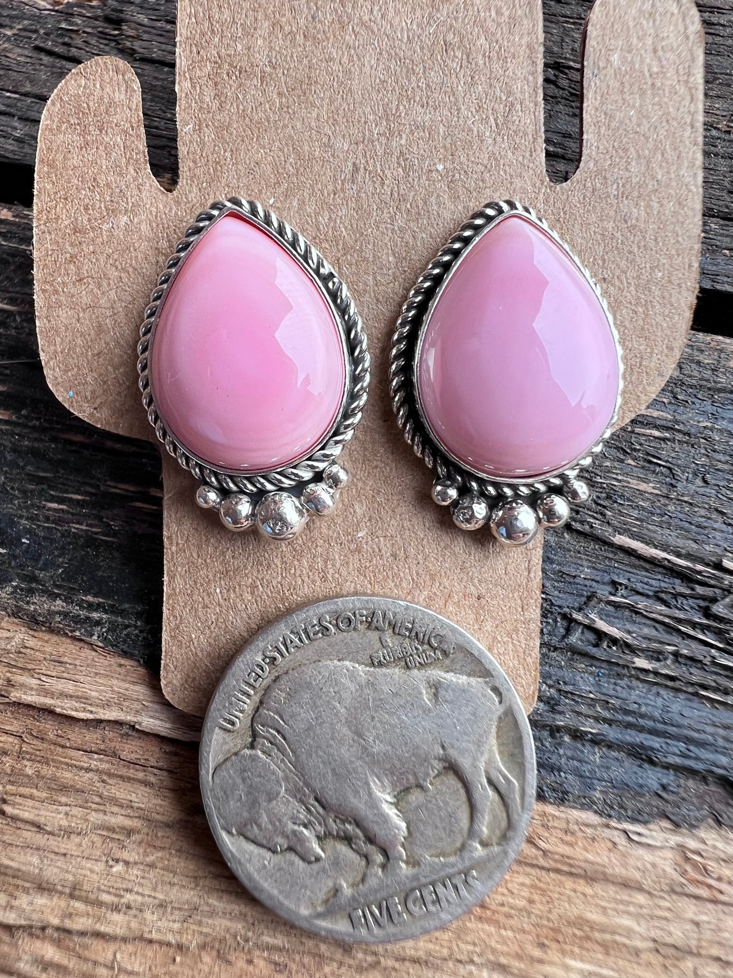 Navajo Handmade Sterling & Pink Conch Teardrop Post Earrings 1”