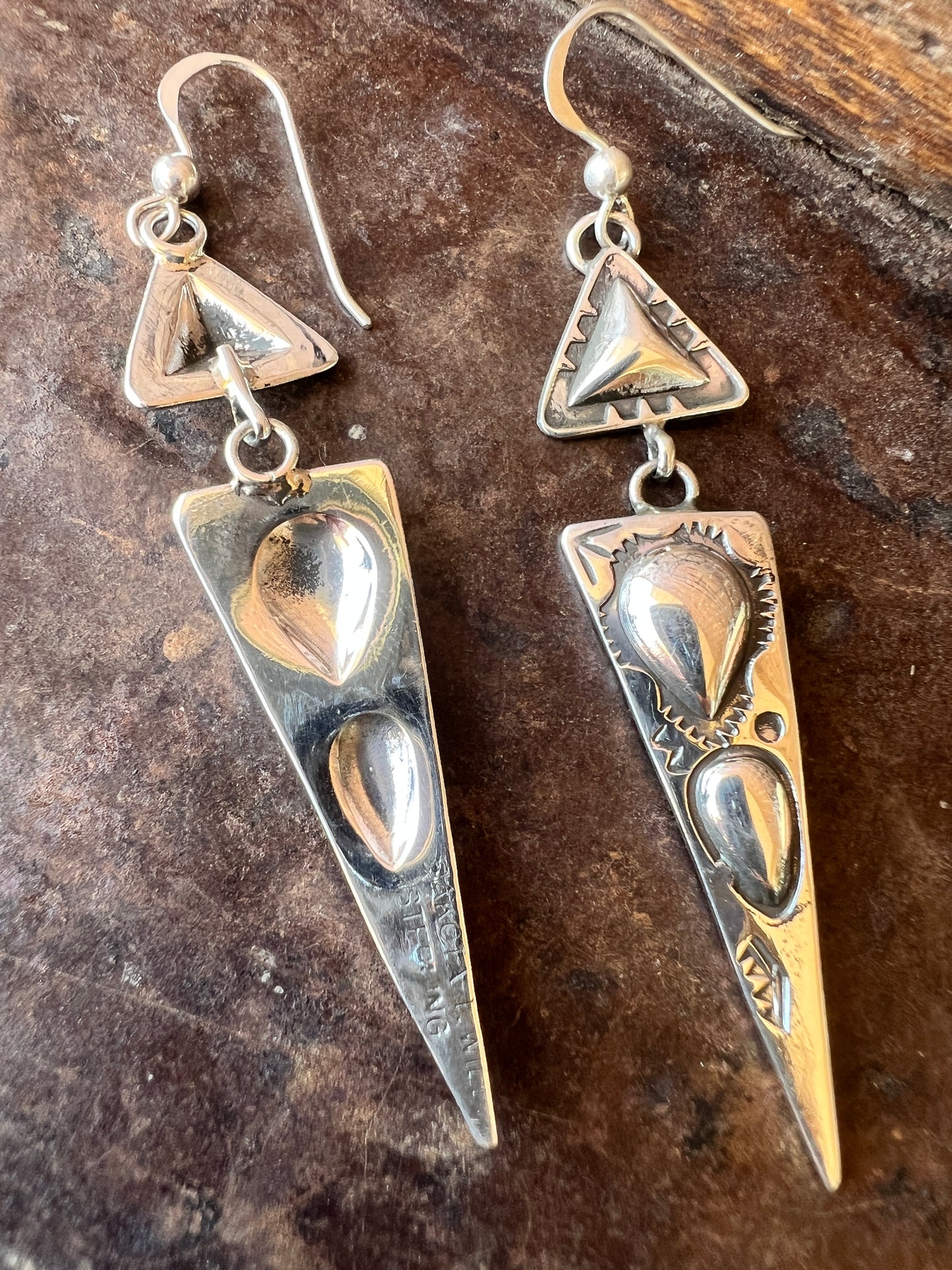 Navajo Handmade by Dakota Willie. Sterling Silver Stamped Repousse Dangle Earrings 2.75”