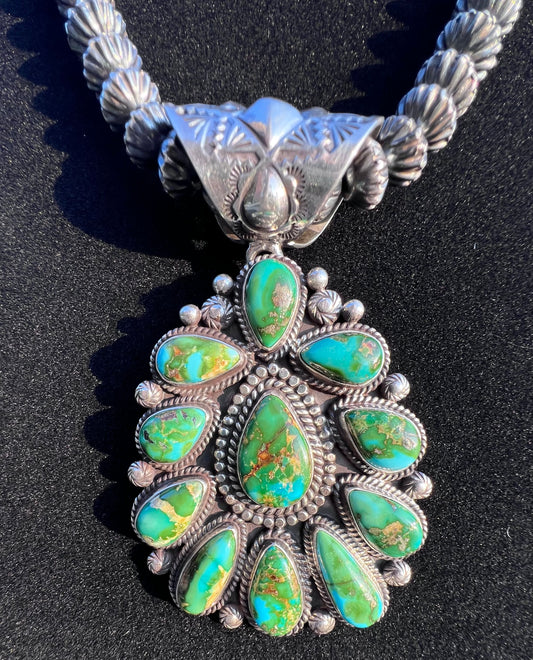 Navajo Handmade by Tyler Brown- Statement Piece!! Sonoran Gold Turquoise & Sterling Cluster Pendant with Detachable Bale- Shepherds Hook Option 3.5”x 2”