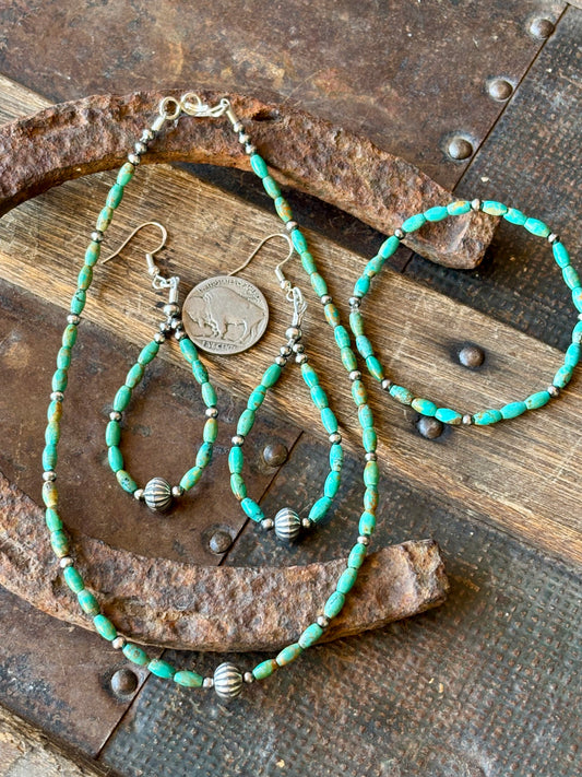 Dainty Turquoise Rice & Sterling Silver Bead Necklace 13.75”, Stretch Bracelet 6 3/4” & Earrings 3” Set