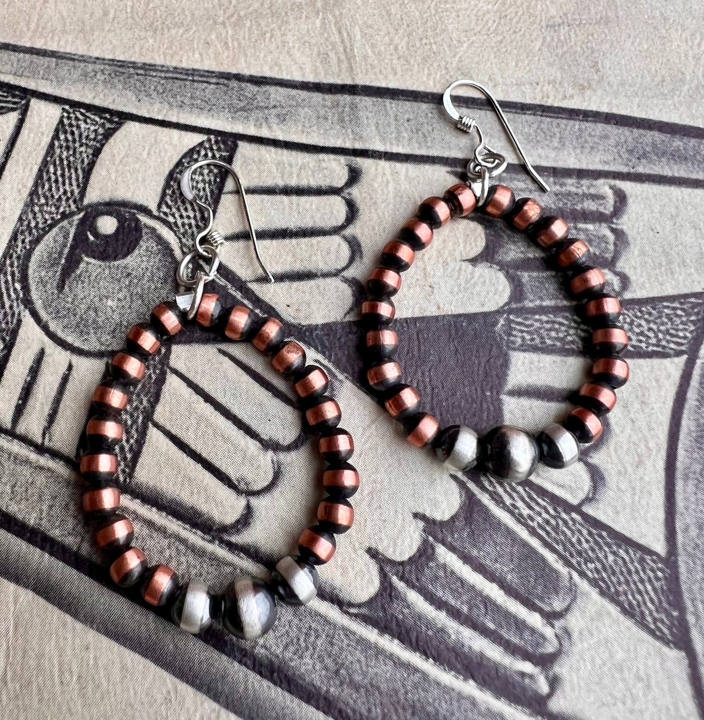 Copper & Sterling Silver Oxidized Bead Hoop Earrings 2”