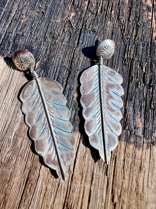 Vintage Native American Handmade Sterling Feather Dangle Post Earrings 2”