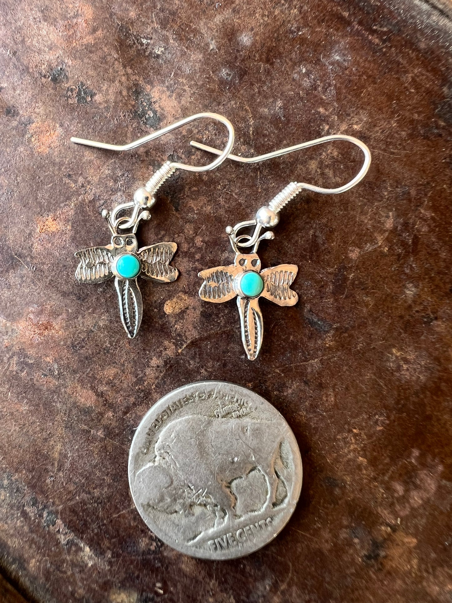 Dainty Handmade by Lucille Platero (Navajo) Turquoise & Sterling Silver DragonflyEarrings 1.25” Length