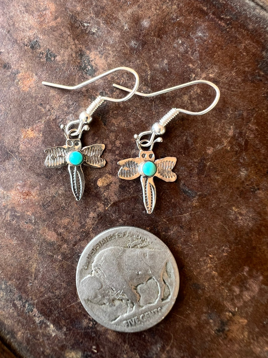 Dainty Handmade by Lucille Platero (Navajo) Turquoise & Sterling Silver DragonflyEarrings 1.25” Length