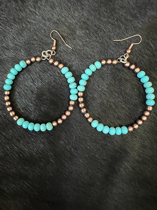 Genuine Copper Bead (4mm) & Campitos Turquoise Bead (5mm) Large Hoop Earrings 3” length