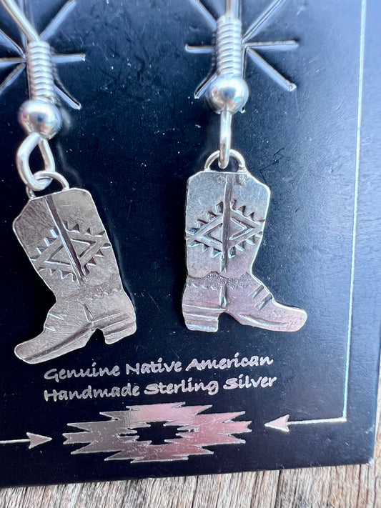Native Navajo Handmade Sterling Dainty Cowboy Boot Dangle Earrings 1.25”
