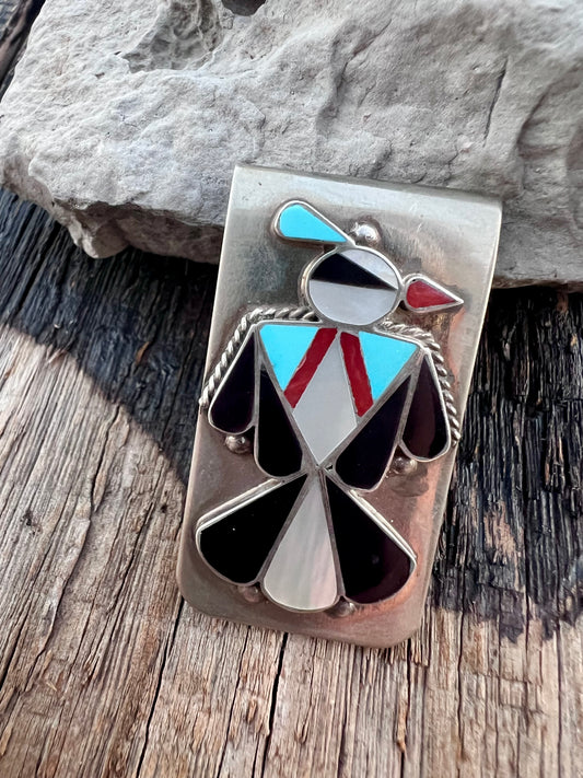 Vintage Native American Zuni Handmade Sterling, Turquoise, Red Coral, Jet & Mother-of-Pearl Inlaid Money-clip 2” x 1”