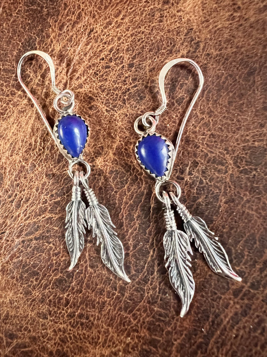Vintage Lapis & Sterling Feather Dangle Earrings