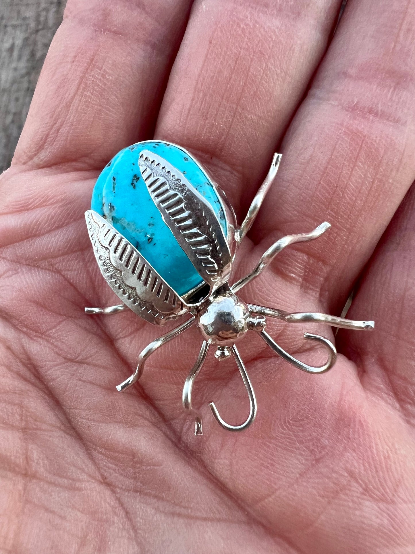 Native American Handmade Sterling & Campitos Turquoise Bug Pin 1.25x 1.5”