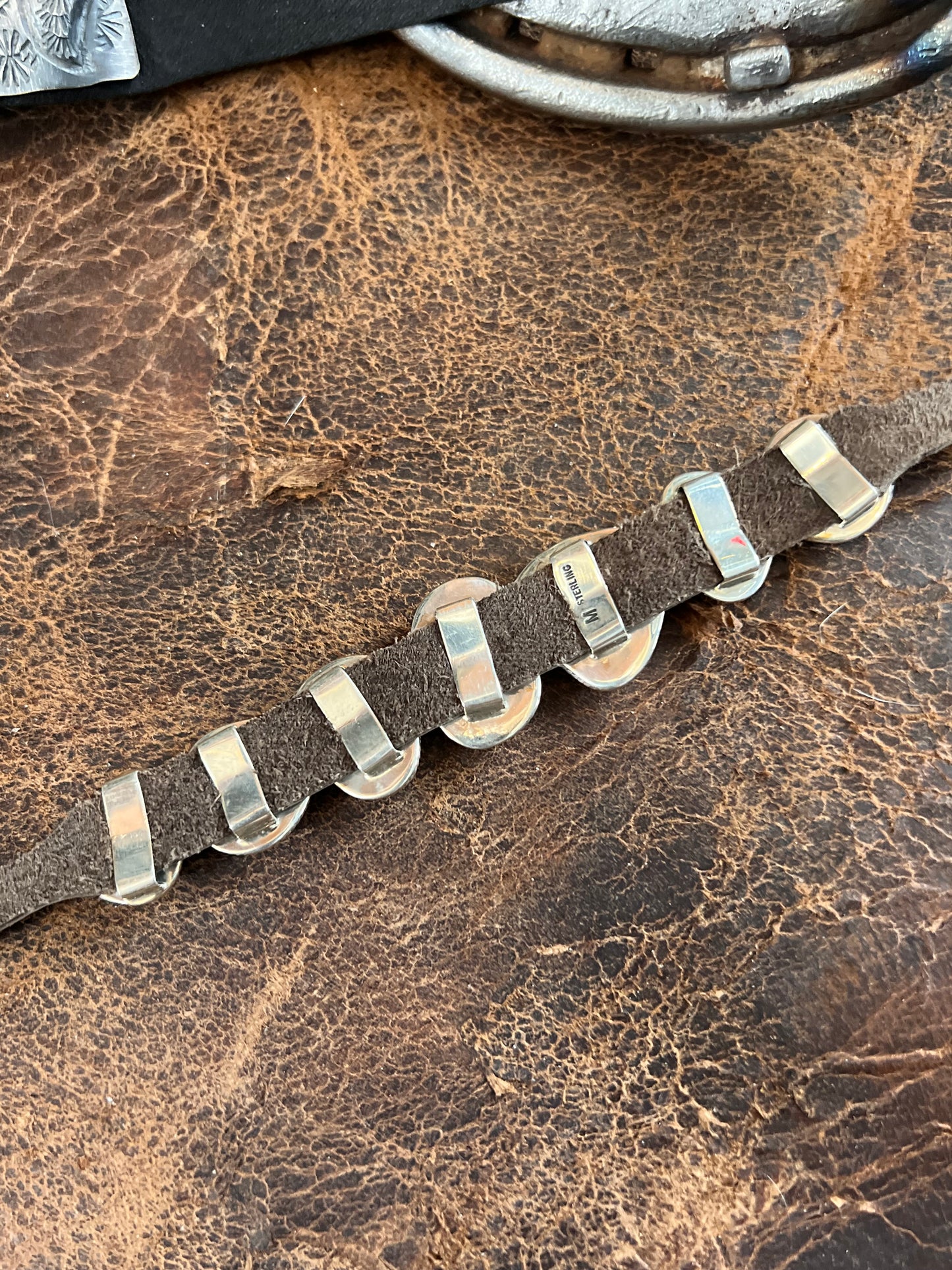 Handmade Sterling, Turquoise on Leather Bracelet Sz 6.5-9”