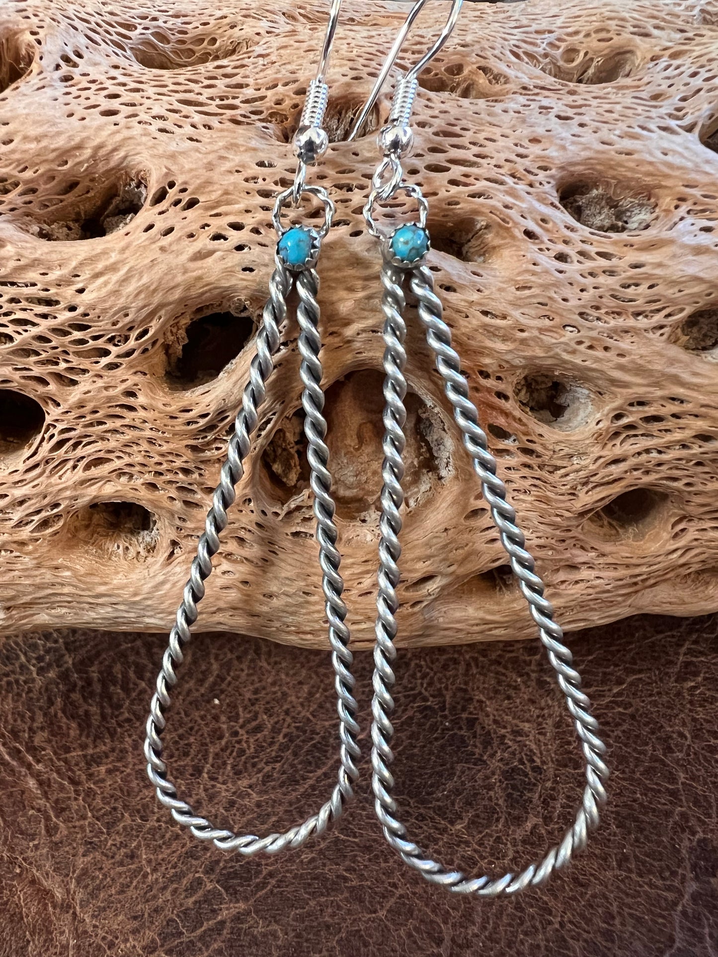 Navajo Handmade Sterling Silver Twisted Wire with Turquoise Dangle Earrings 3”