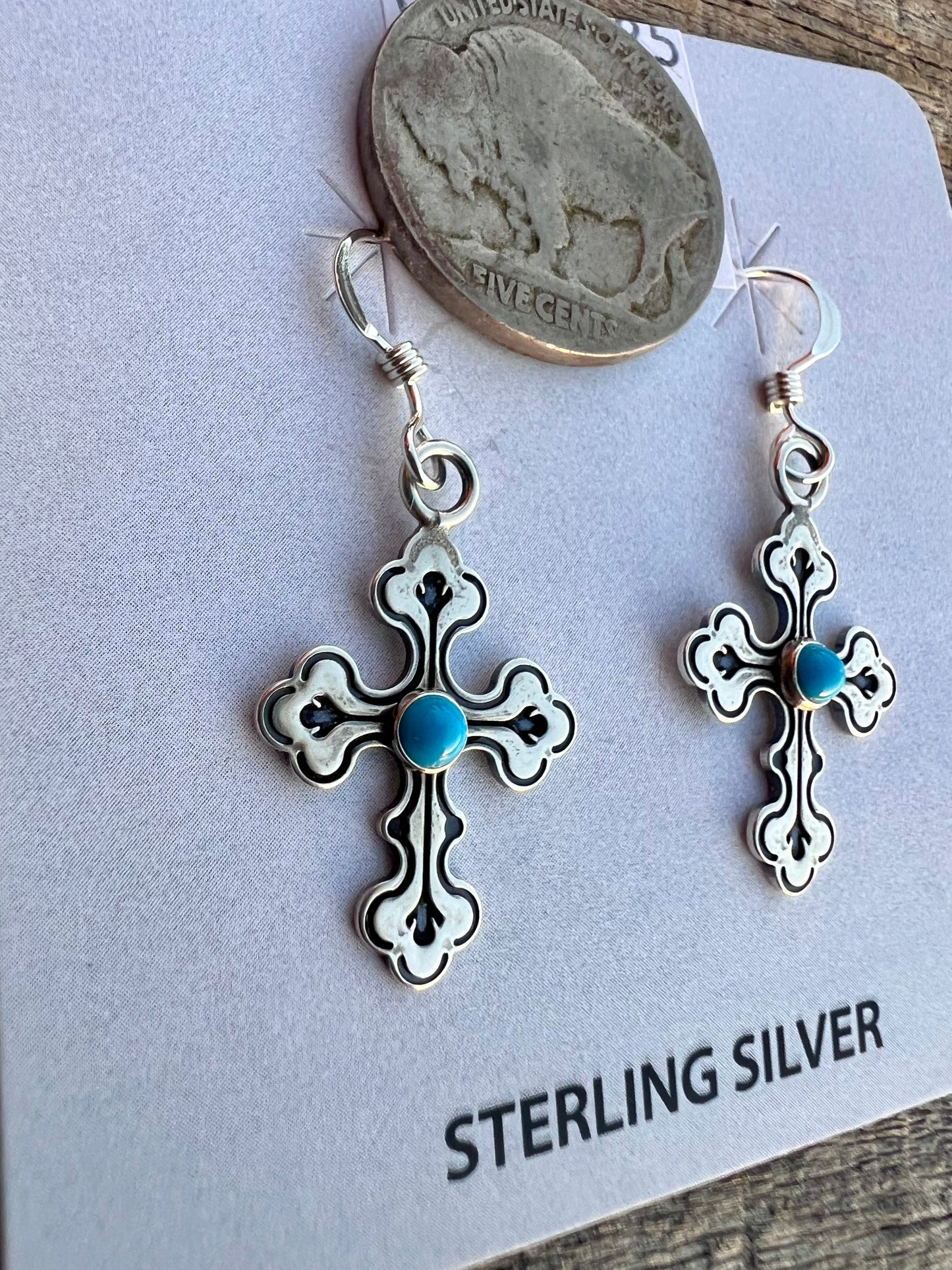 Sterling Silver & Turquoise Cross Dangle Earrings 1.5”