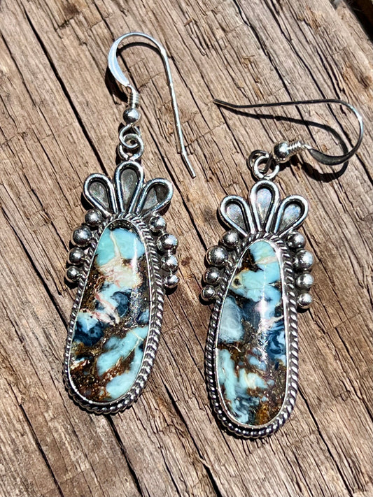 Navajo Handmade by C. Wylie- Nevada New Lander Variscite & Sterling Dangle Earrings 2”