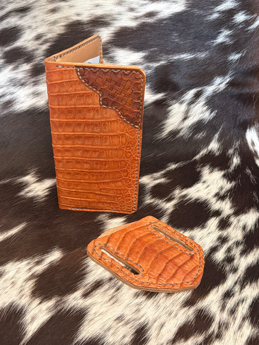 Marmalade Color Caiman Long Wallet and Sheath combo