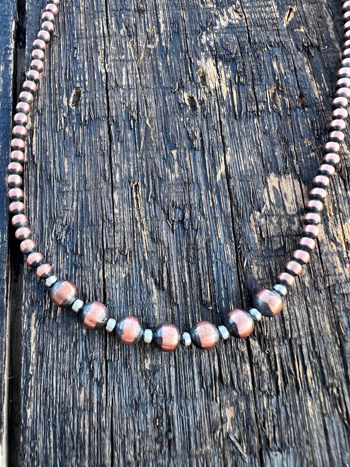 Copper Oxidized 4/6mm & Sterling 3mm Beads Necklace 18-20”