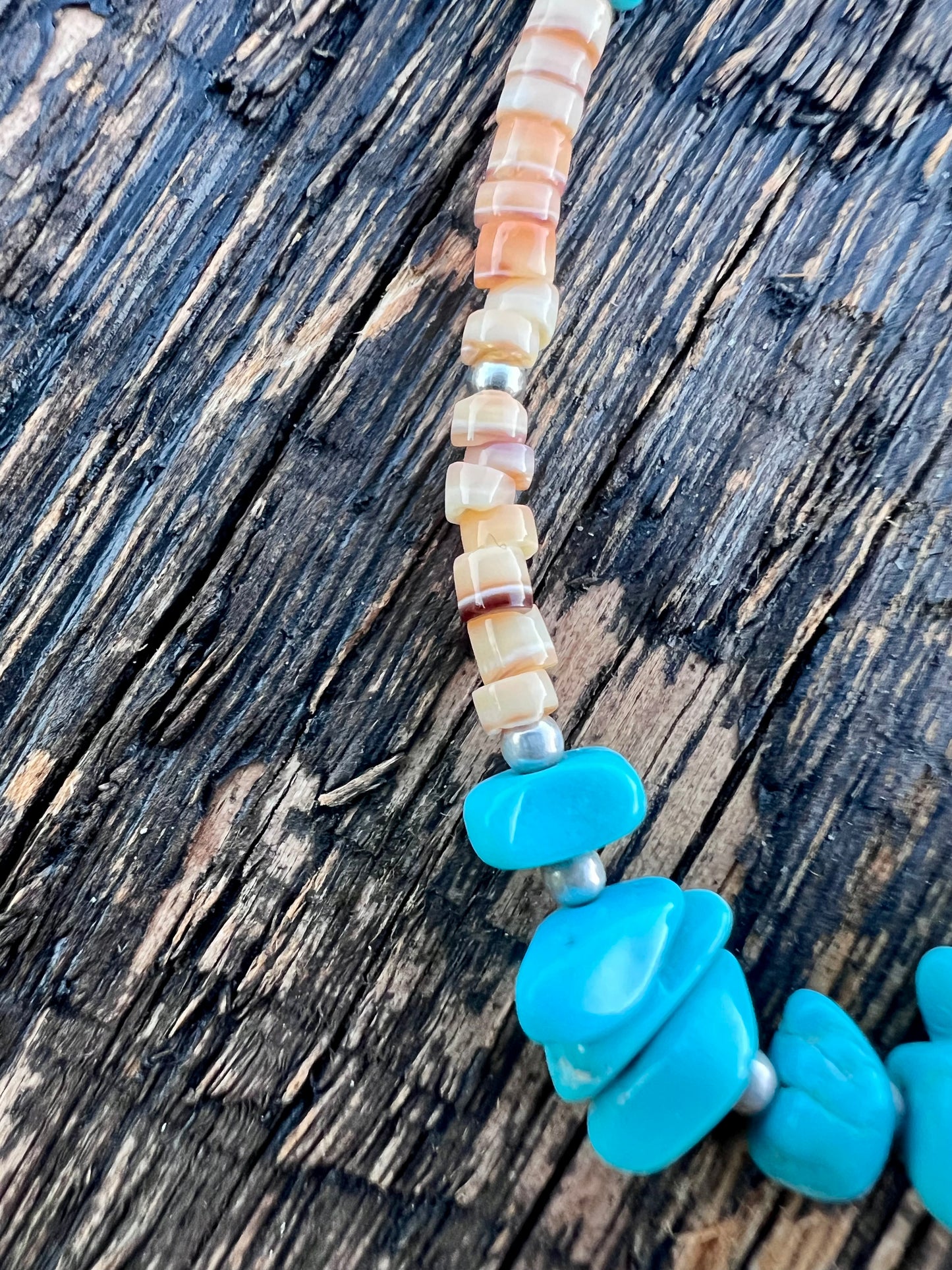 Turquoise, Shell, Sterling Bird Fetish and bead 16” Necklace & Earring 2”  Set