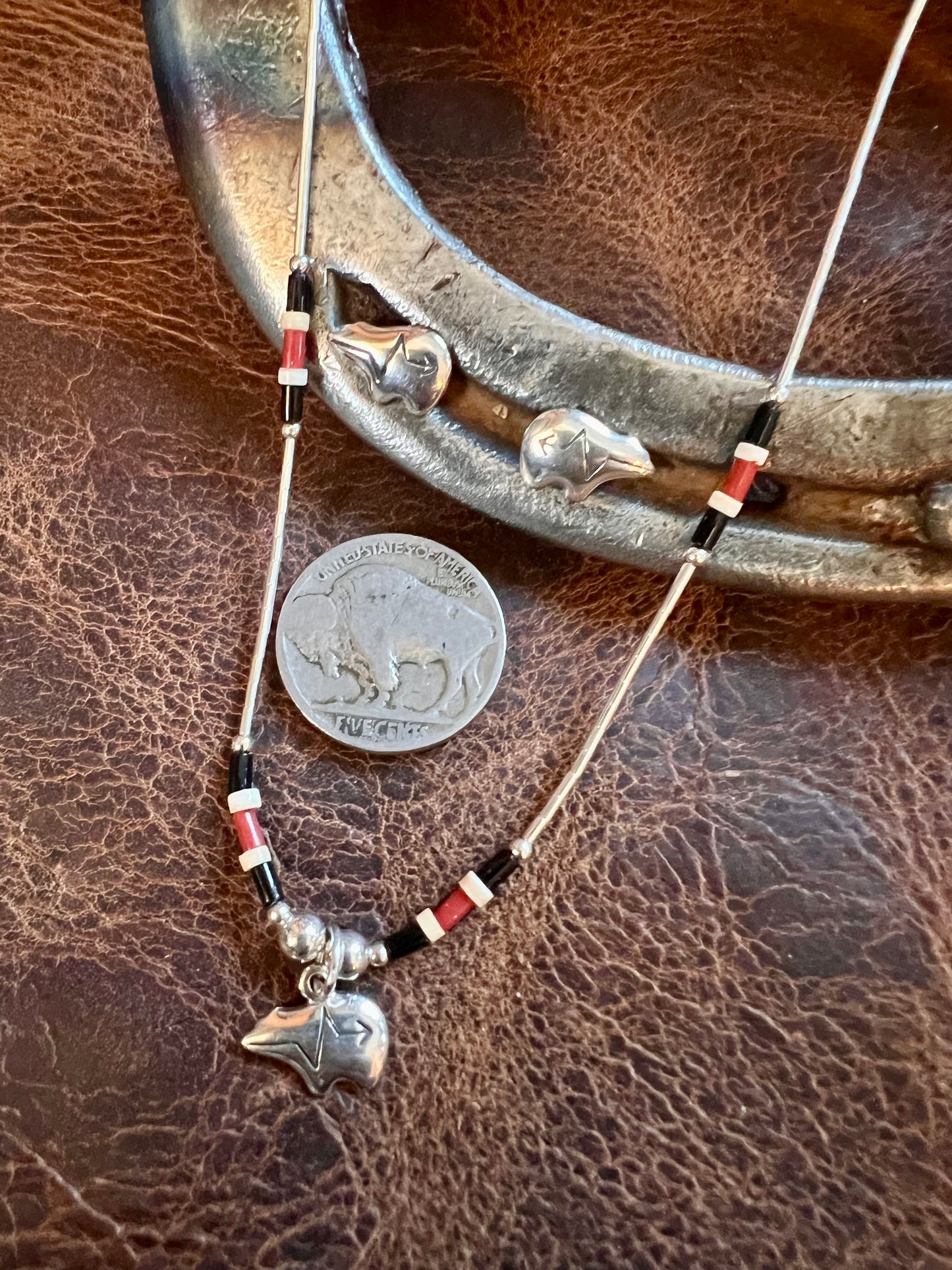 Sterling Silver, Black Jet and Coral Bear Liquid Silver Necklace 16” & Post Earrings Set