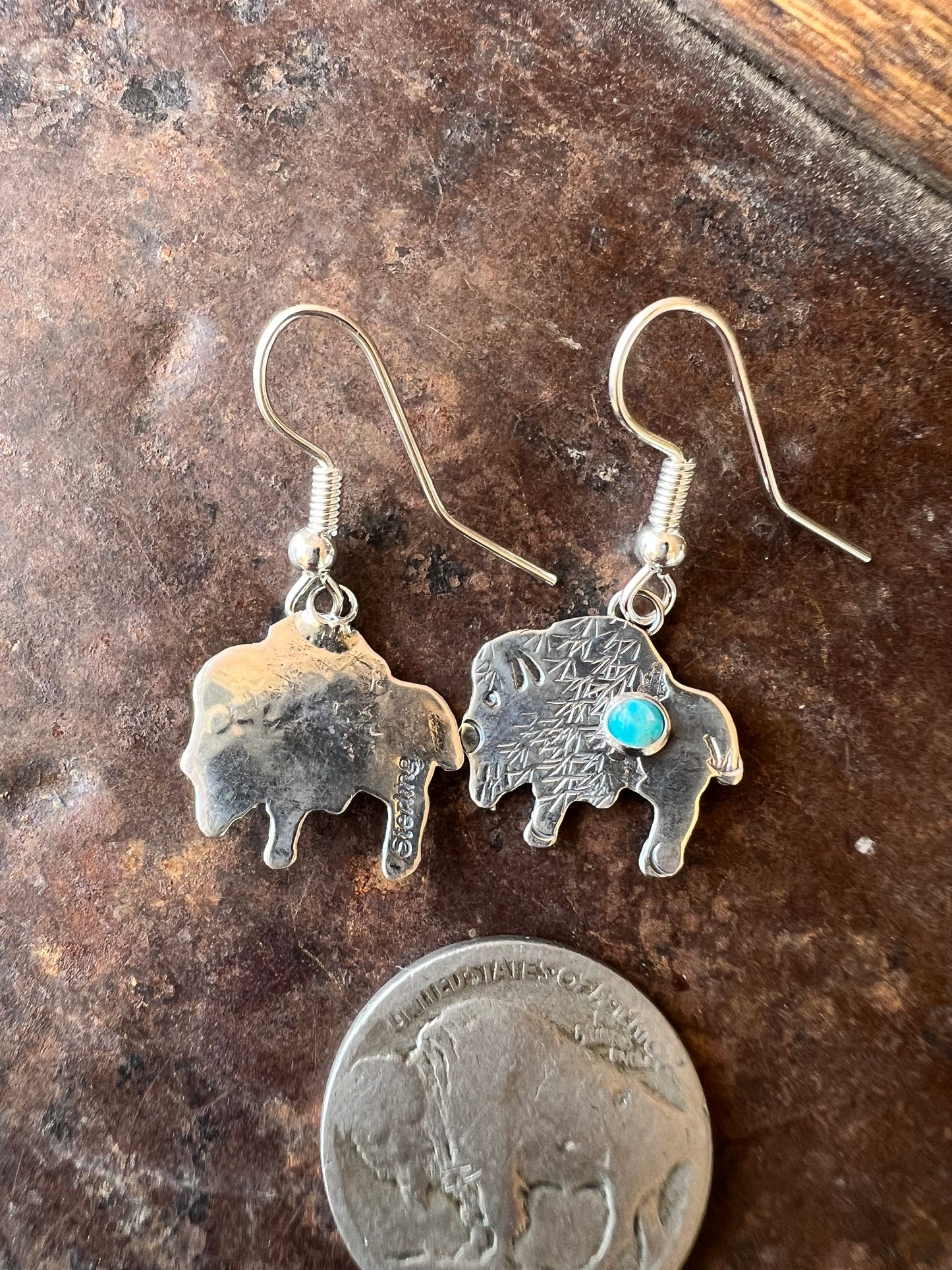 Dainty Handmade by Lucille Platero (Navajo) Turquoise & Sterling Silver Buffalo Earrings 1.25” Length