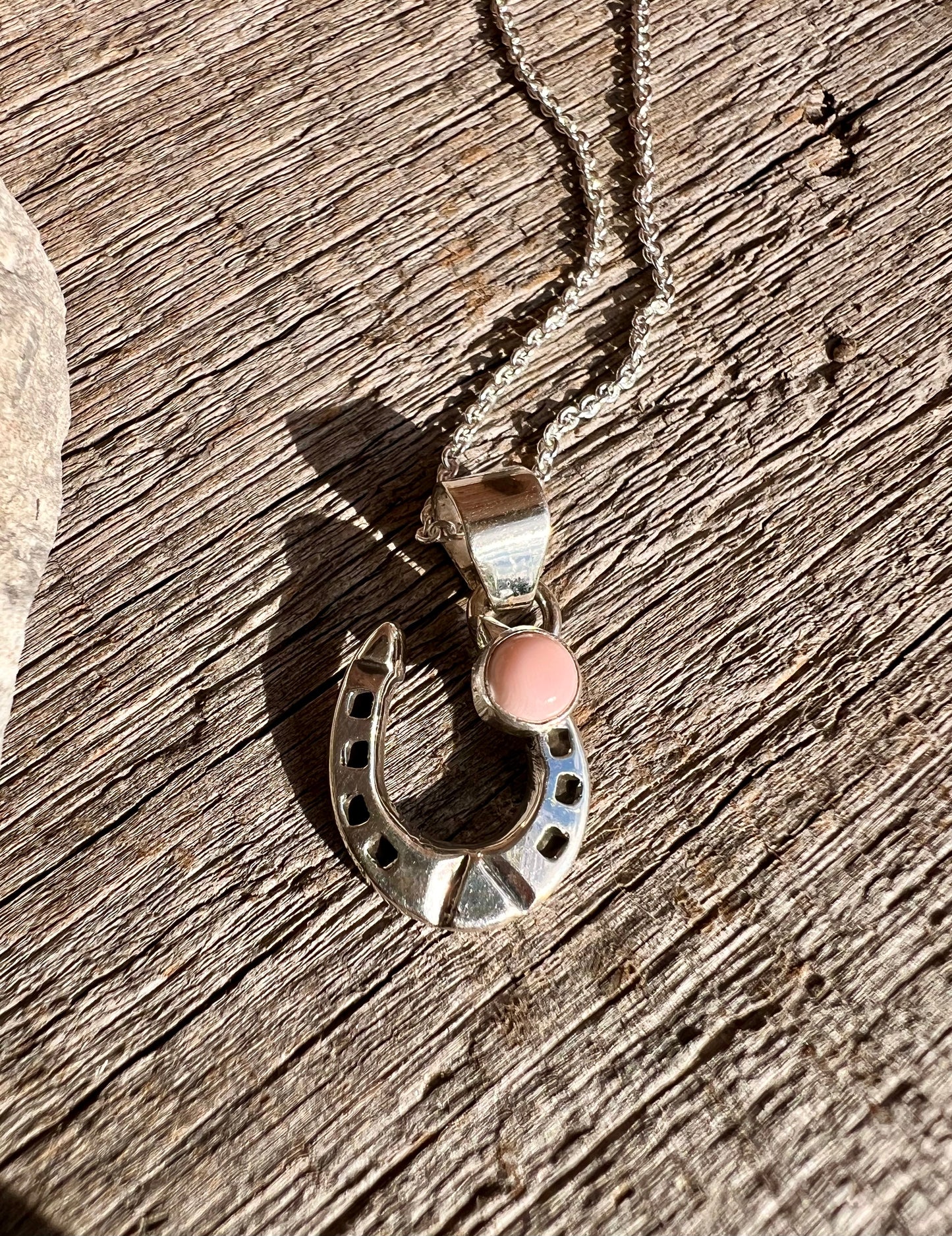 Handmade Pink Conch Shell Horse Shoe Pendant on a Sterling Rolo Chain Necklace 18”